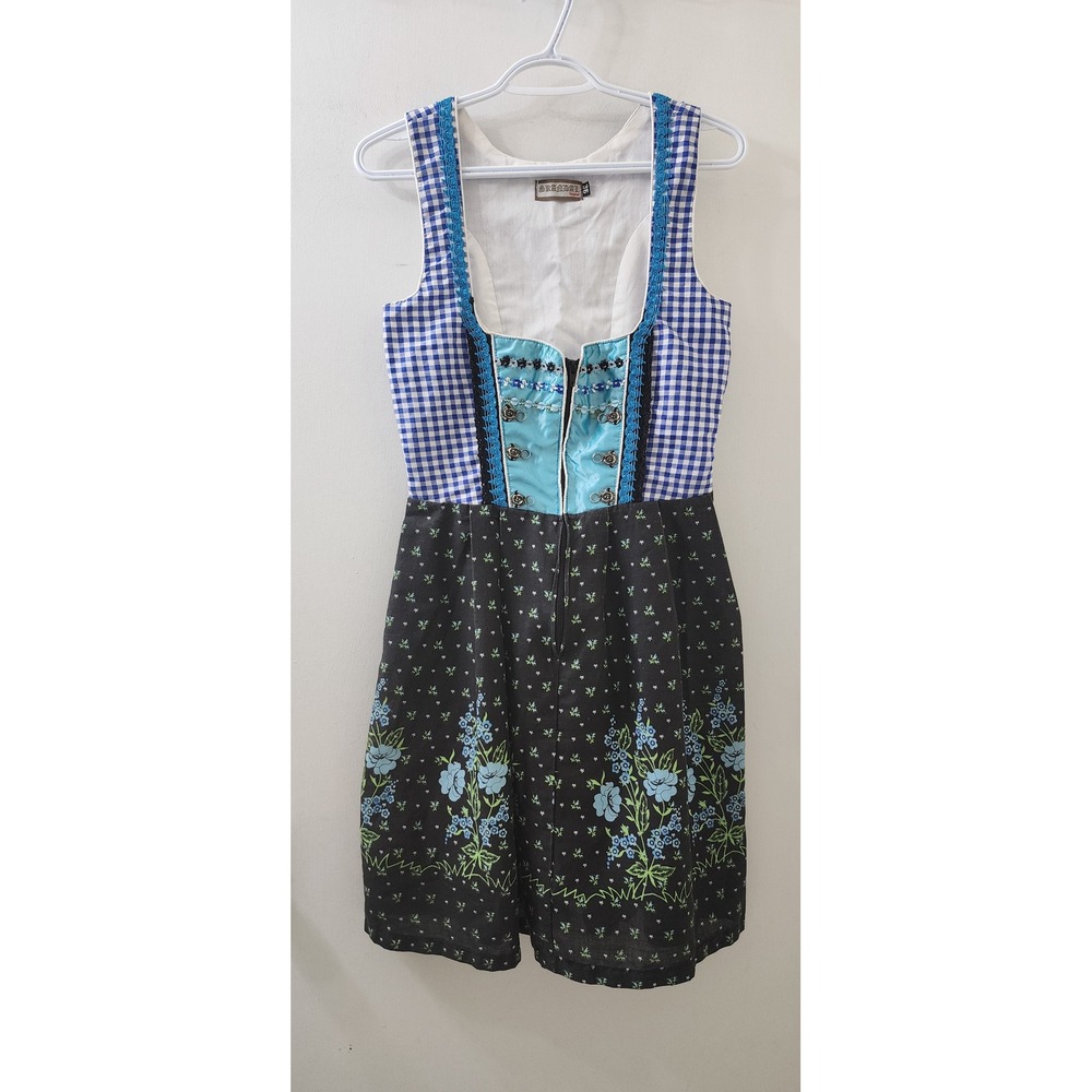 Skandal Original German Dirndl Dress Blue Gingham Floral Embroidery Size 36